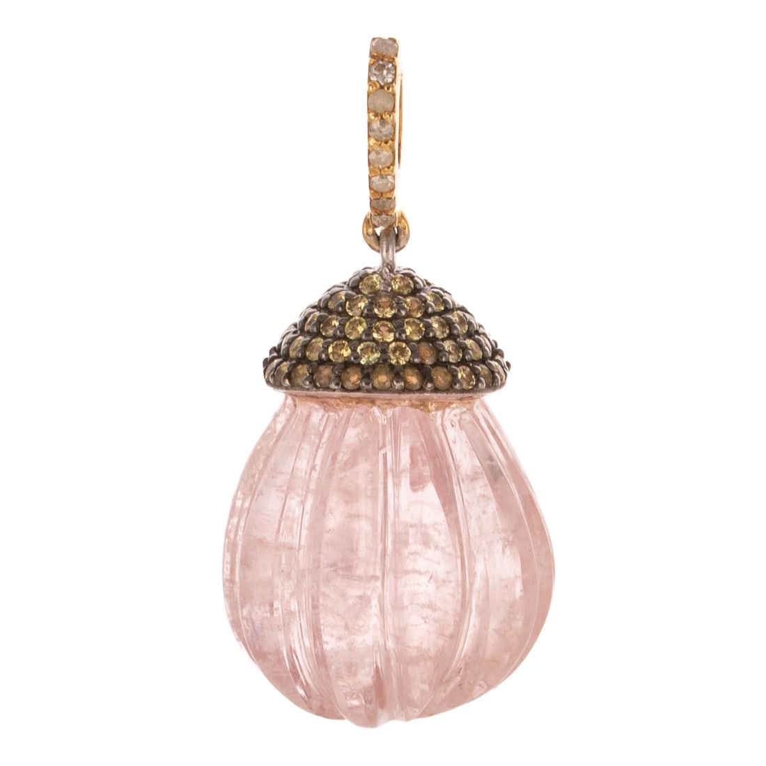 A Morganite & Yellow Sapphire Pendant in Sterling Silver & 14K: Sterling silver pendant featuring a carved morganite drop weighing approx. 22.20 carats capped with round yellow sapphires pave set in sterling silver, 14K yellow gold hinged bail with a line of