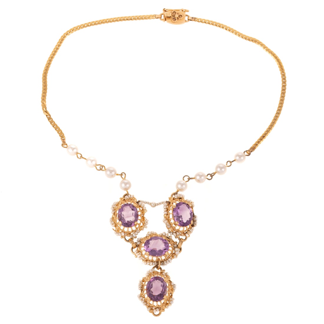A Victorian Style Amethyst & Seed Pearl Necklace in 14K: 14K yellow gold Victorian style lariat necklace featuring oval amethysts measuring 10 x 12 mm set with a scalloped frame of fresh water pearls, set in the central portion of necklace, faux pearls meas