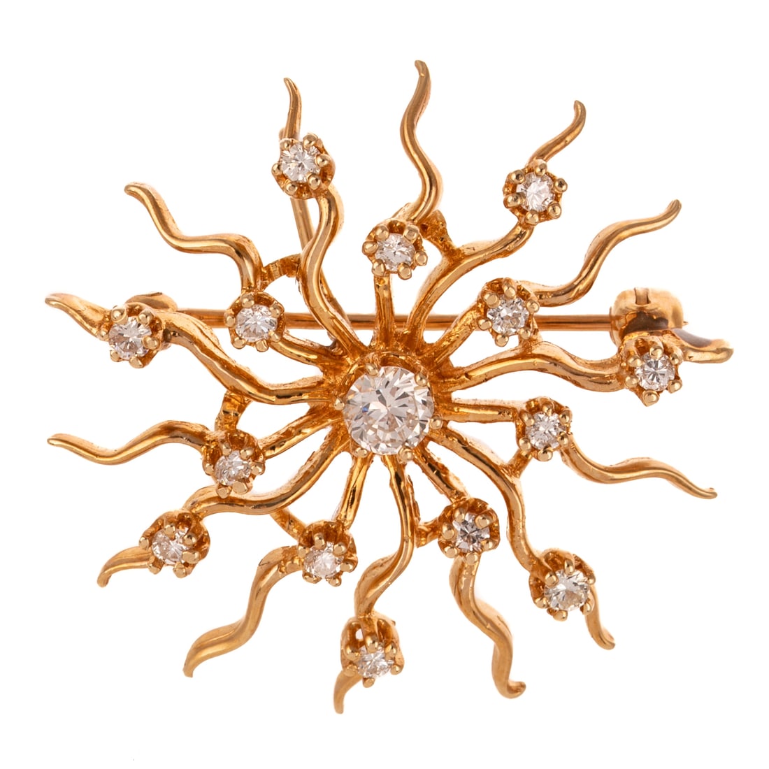 A Diamond Sunburst Pin/Pendant in 14K: 14K yellow gold sunburst pin/pendant featuring round diamonds weighing approx. 0.50 ctw, 1 1/4 in. W, 6.1 grams