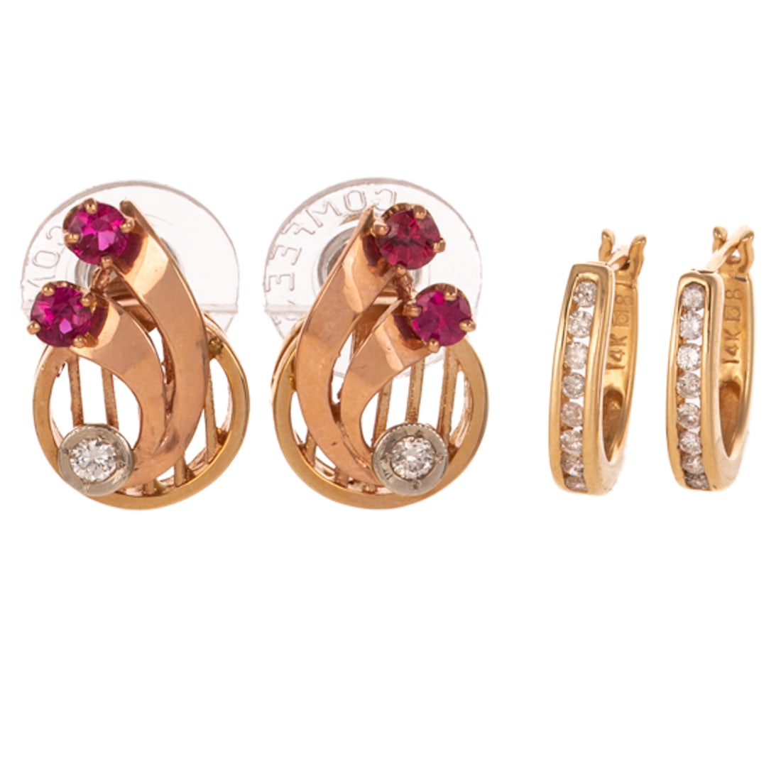 A Pair of Diamond Hoops & Ruby/ Diamond Earrings in 14K: 1) 14K yellow gold huggie style earrings featuring channel set diamonds, hinged closure, 1/2 in. L, and 2) 14K yellow gold ruby and diamond earrings in ribbon design featuring round rubies and