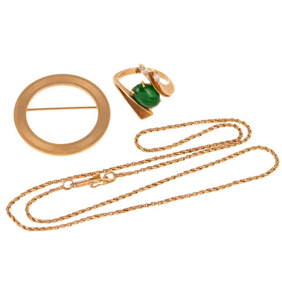 A Chain, Pin & Jade & Diamond Ring in 14K: 1) 14K yellow gold open circle brooch with ridged pattern, 1 1/4 in. W, 2) 14K yellow gold wheat chain with barrel clasp, 18 in. L, and 3) 14K yellow gold ring featuring oval dyed jade measuring 7.2 x