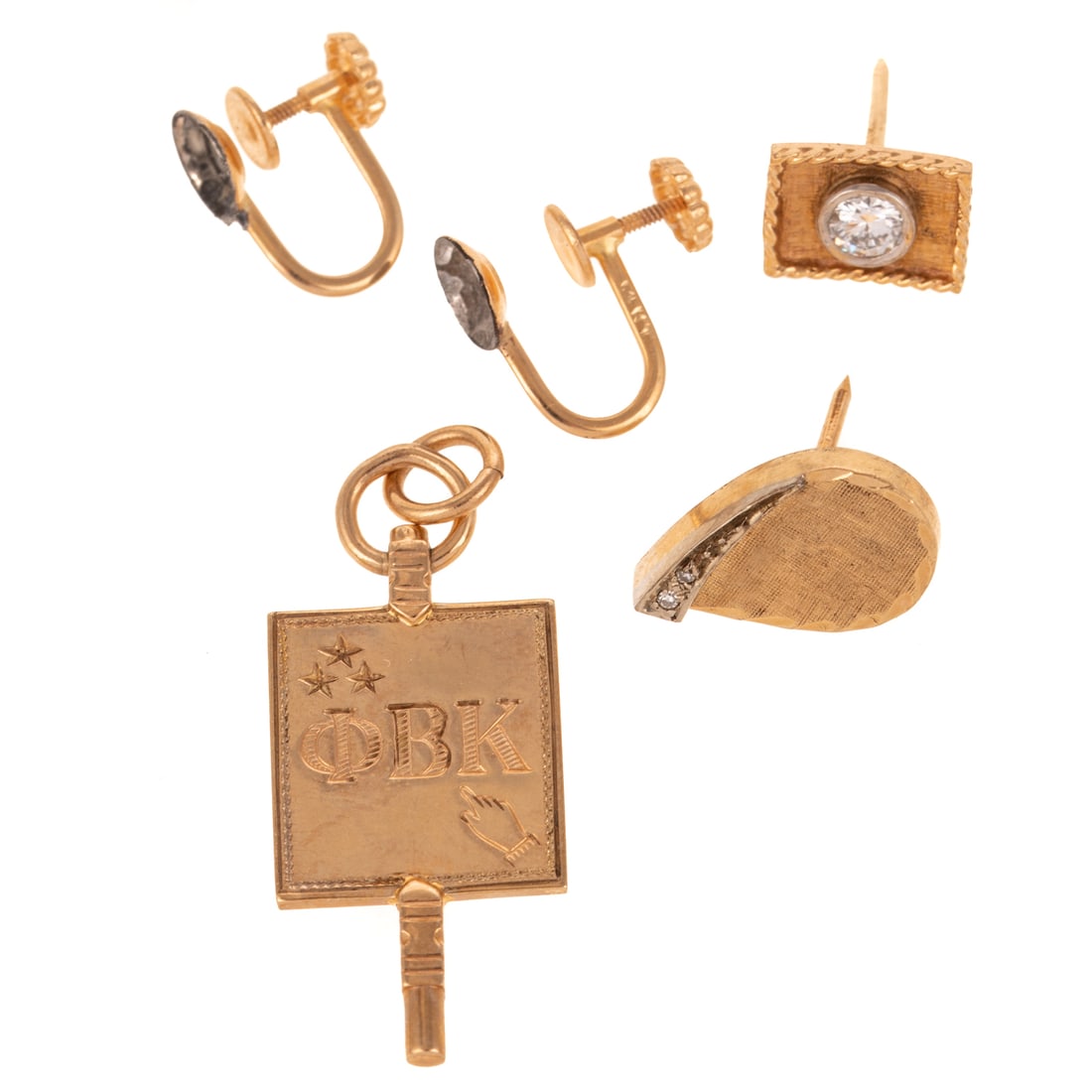 A Collection of Gold Jewelry & Findings: 1) 14K yellow gold concave tie tack with bezel set diamond weighing approx. 0.25 carats with an average color grade of H - I and an average clarity grade of VS, Florentine finish, 3/8 in. W, 2) 14K