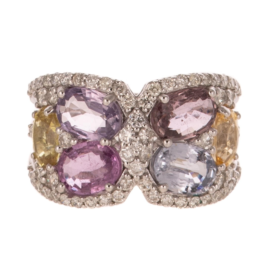 A Multi-Colored Unheated Sapphire Ring in Platinum: Platinum ring by Walter Gruen featuring six oval shaped multi-colored unheated sapphires weighing approx. 4.75 ctw, accompanied by GIA Gemological Report #1236890928, prong set in a faux butterfly