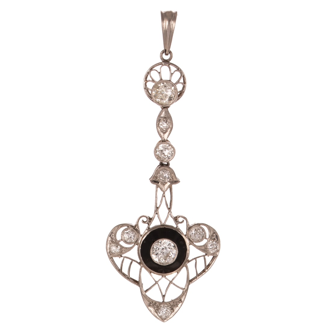 An Art Deco Diamond & Onyx Filigree Drop Pendant in Platinum: c.1920s, platinum lavalier drop pendant featuring Old European cut diamonds weighing approx. 0.80 ctw set with milgrain accents in open filigree design, bottom central diamond is set into black onyx d