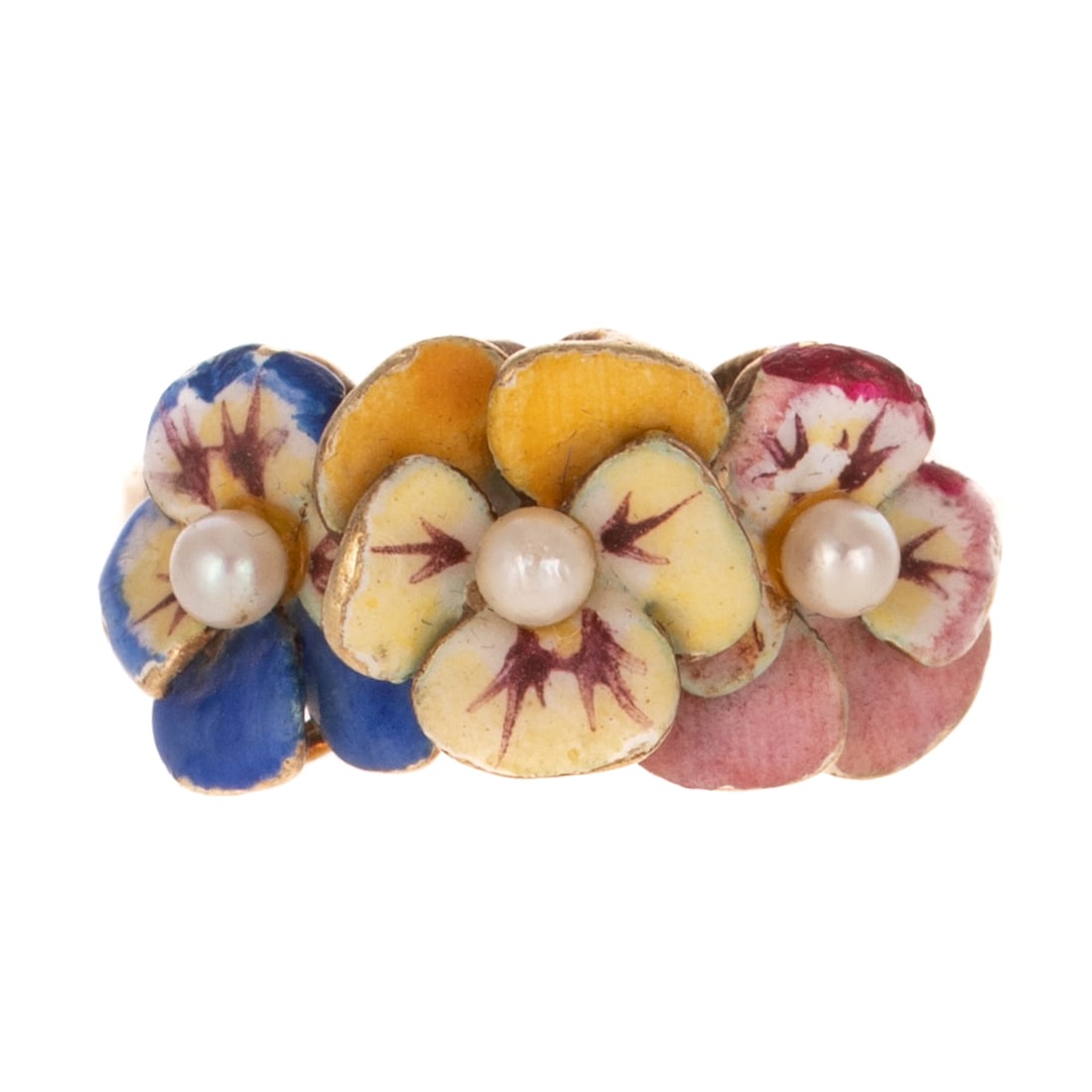 A Triple Enamel Pansy Flower Ring in 14K: 14K yellow gold ring featuring three enameled pansies, blue, yellow and pink with a 2.5 mm pearl in the center of each flower, sz 5, 5.1 grams