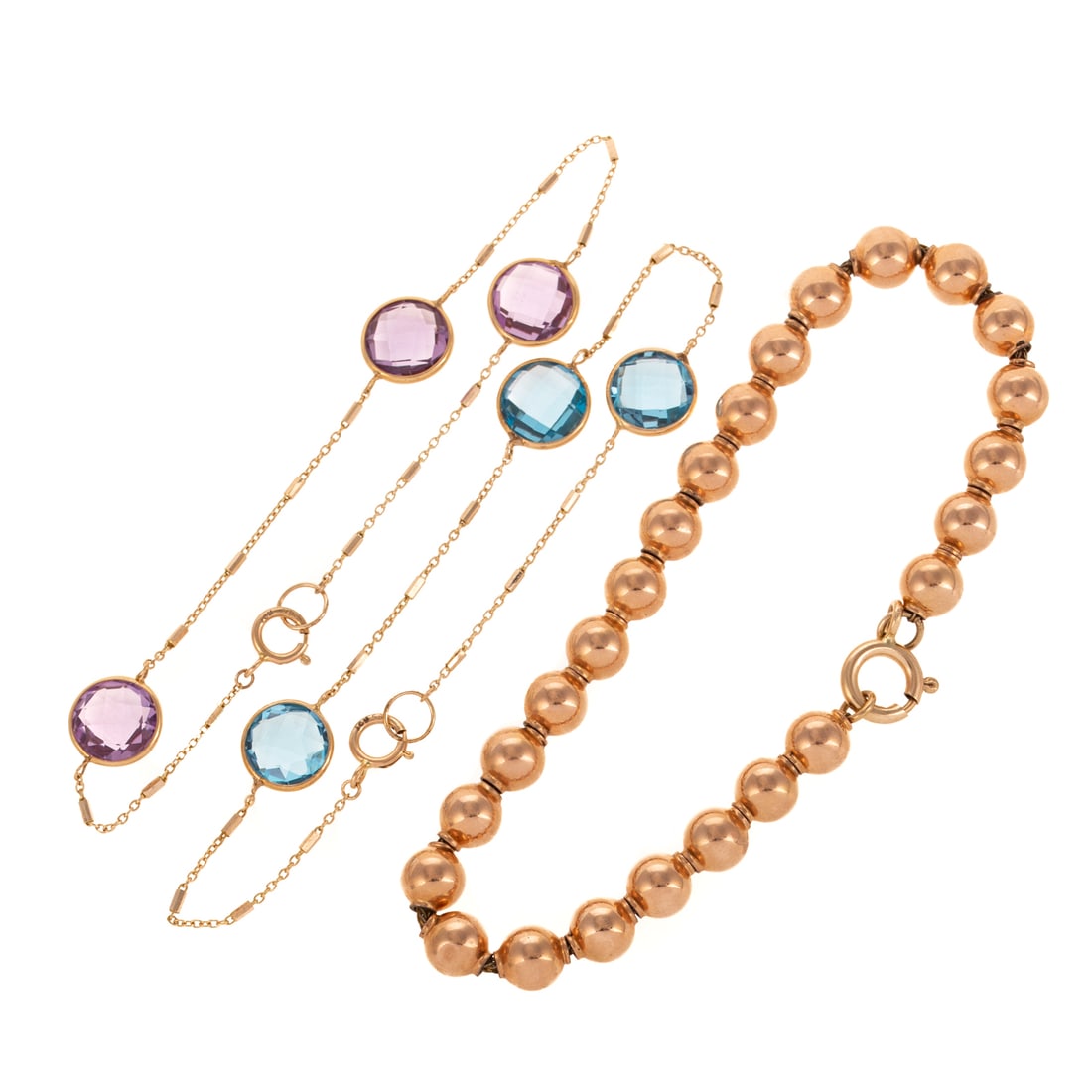 Three Gemstone & Chain Bracelets in 14K: 1) 14K yellow gold foxtail chain strung with rose gold high polish round beads measuring 5.8 mm, spring ring clasp, 7 3/8 in. L, 2) 14K yellow gold bracelet featuring three round checkerboard cut amet