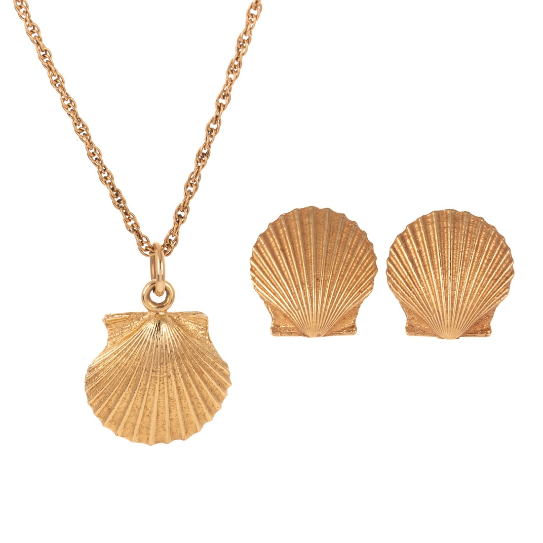 A Scallop Shell Earring & Pendant Set in 14K: 14K yellow gold studs in the form of detailed and textured scallop shells, posts with friction backs, 1/2 in. L, with matching pendant hanging on a 14K yellow gold Prince of Whales link chain, 19 in. 