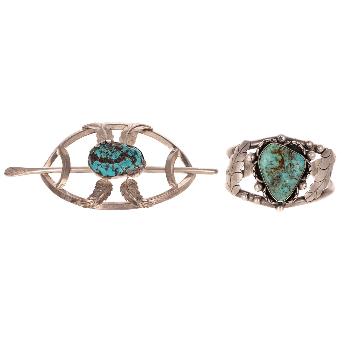 A Navajo Turquoise Cuff & Hairpiece in Sterling Silver (1 of 4)