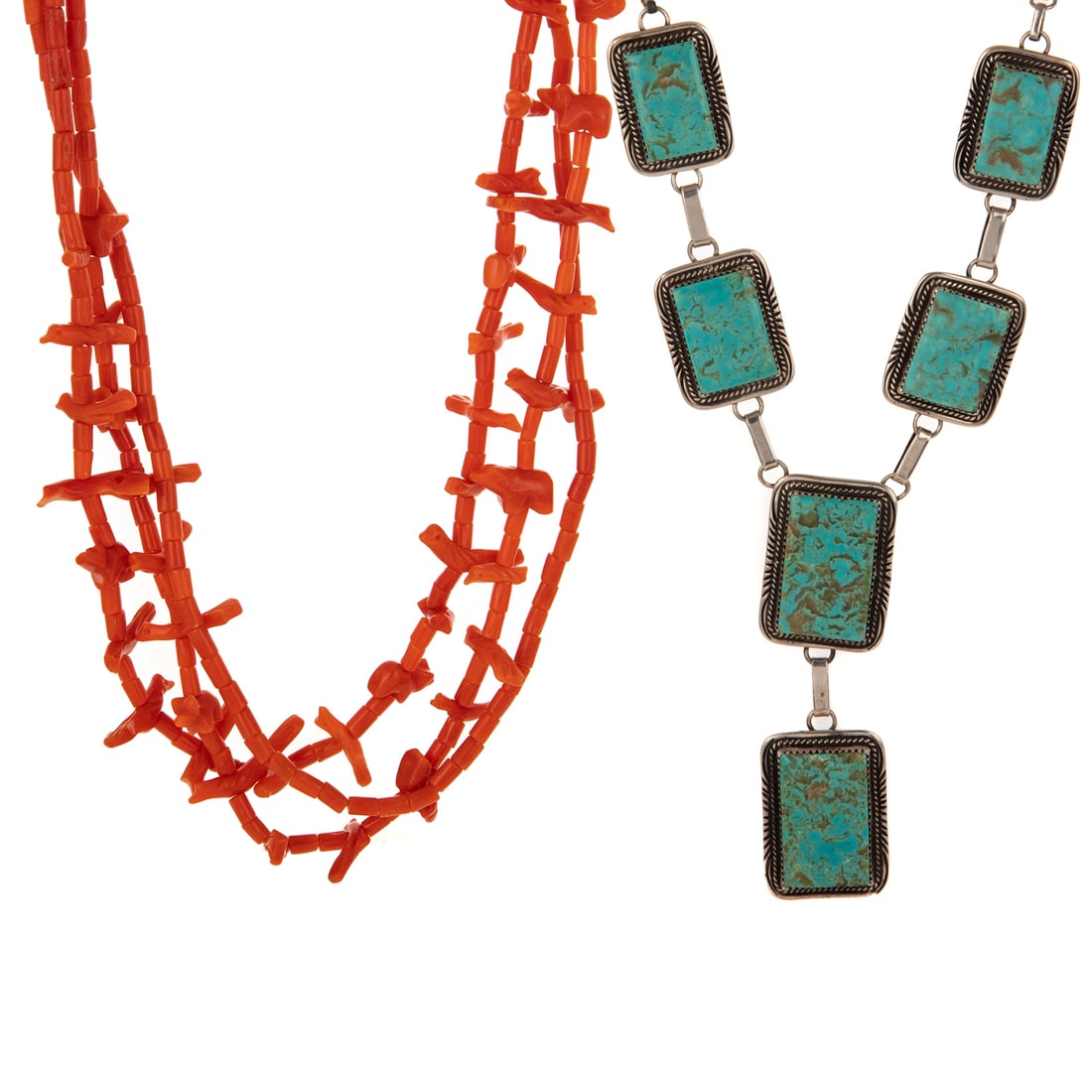 A Navajo Turquoise Lariat Necklace & Coral Necklace in Silver: 1) Sterling silver lariat style necklace by Navajo artists featuring rectangular turquoise connected by rectangular silver links, hand made chain in the back, hook clasp, 23 1/2 in. L, and 2) Triple s