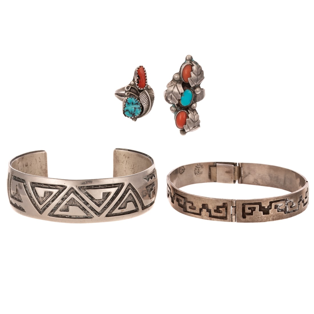 A Collection of Southwestern Bracelets & Rings in Sterling Silver: 1) Sterling silver cuff bracelet with etched triangular designs, signed with open star symbol, 2 3/8 interior Diam., 2) Sterling silver curved link bracelet designed with geometric oxidized design, bo