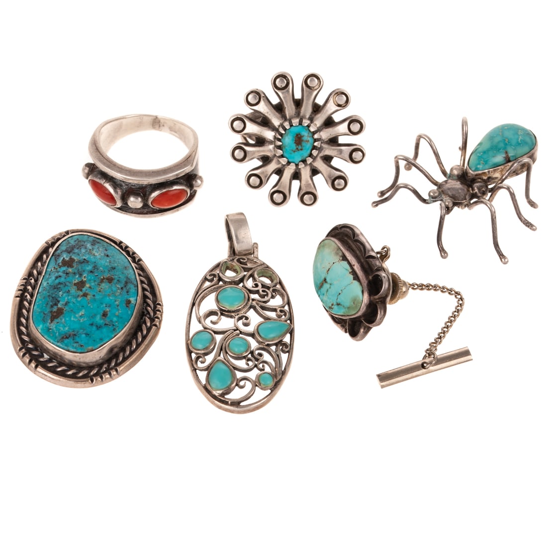 A Collection of Southwestern Jewelry in Sterling Silver: 1) Sterling silver turquoise pin/pendant with rope frame, 1 1/2 in. L, 2) Sterling silver ring featuring bezel set oval coral, sz 7.5, 3) Sterling silver large flower ring featuring turquoise in the c