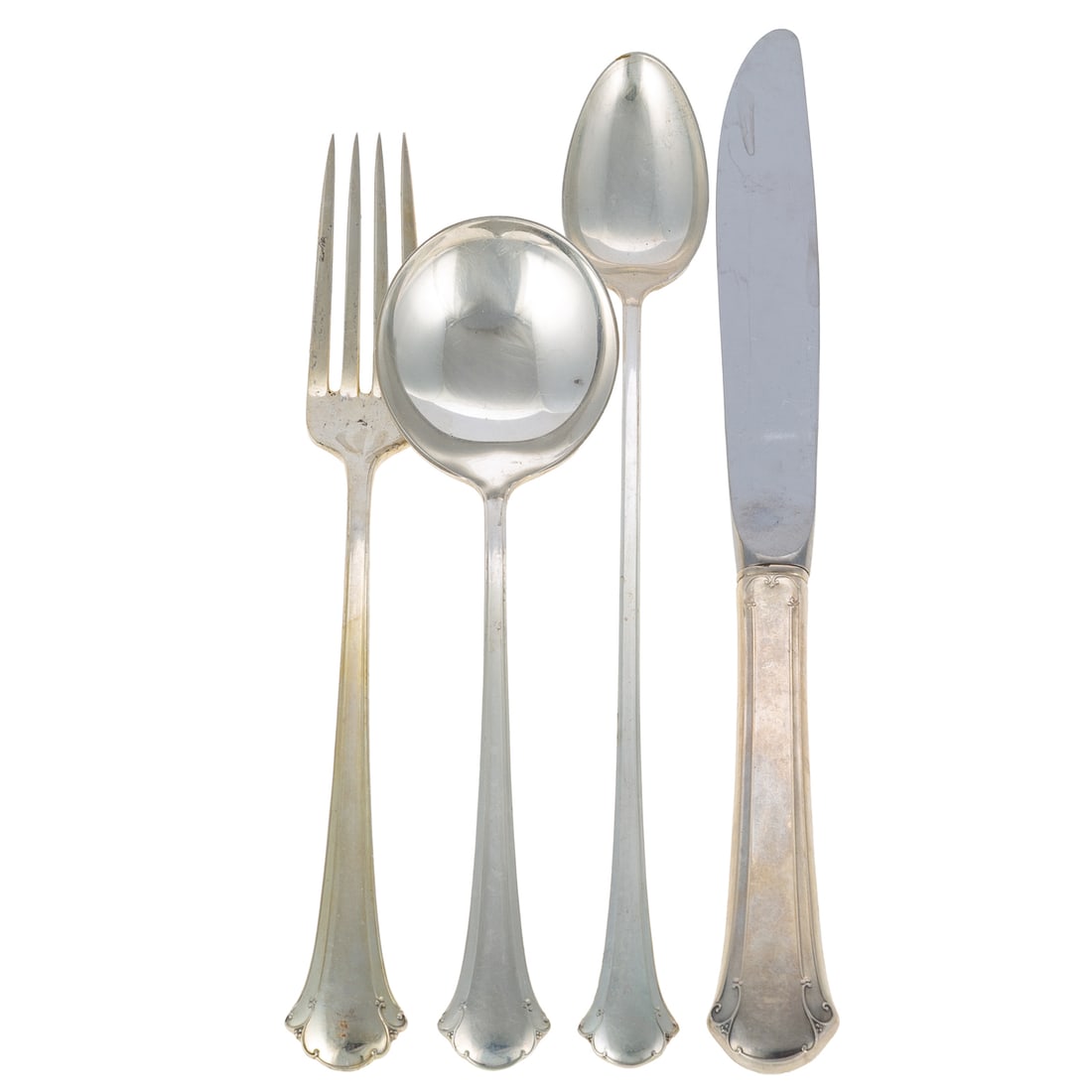 Towle Sterling "Chippendale" Flatware Service: Service for six including: dinner knives, dinner forks, salad forks, and teaspoons, two cream soup spoons, and an iced tea spoon; 27 total pieces, without monogram, 24.4 ozt. weighable silver Provenan