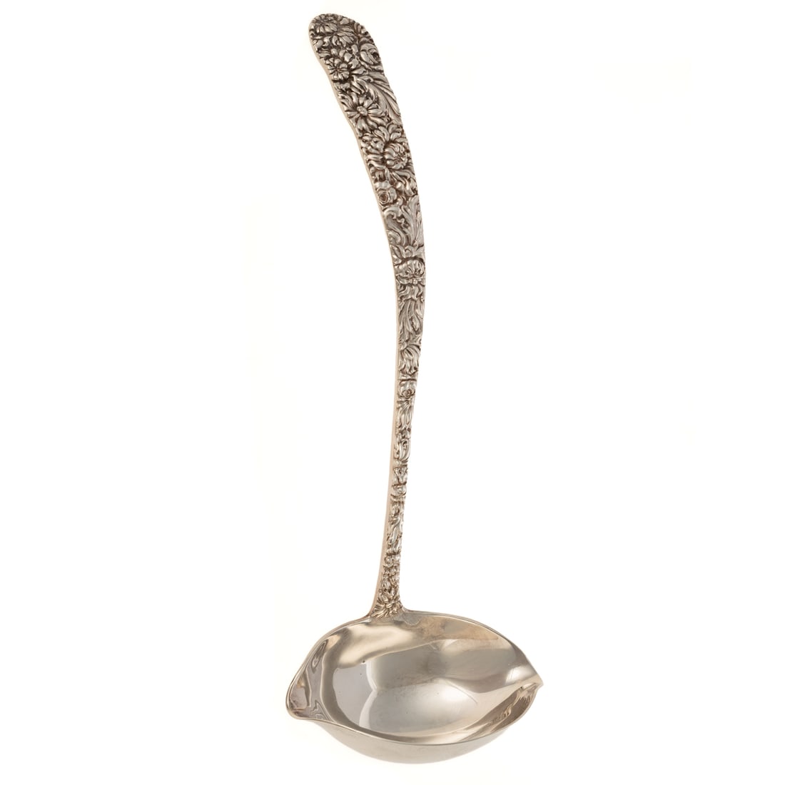 Stieff Sterling "Chrysanthemum" Punch Ladle: The underside of the terminal with a monogram, 12 in. L, 9.3 ozt.