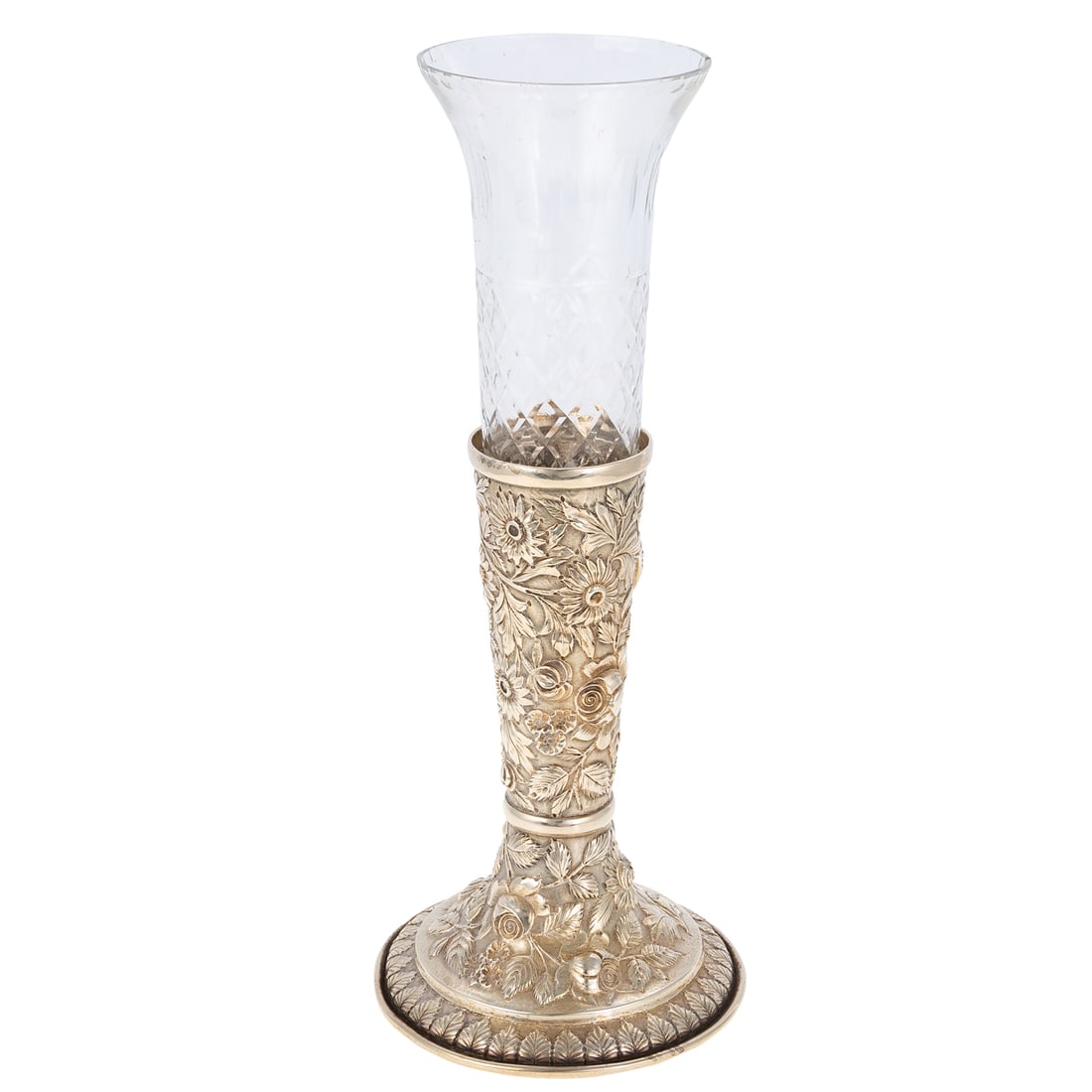 F Bucher & Sons Sterling Repousse Vase: Frederick Bucher, Baltimore, late 19th-early 20th century, stamped "sterling/F Bucher & Sons" on the underside, domed circular foot, with a flaring hollow standard, modeled with repousse roses,