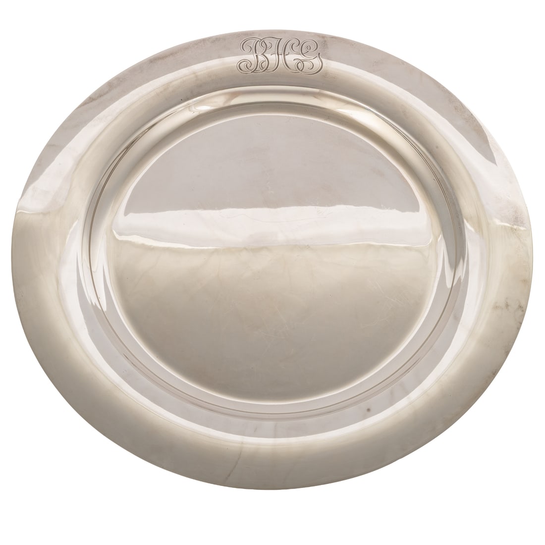 S Kirk & Son Sterling Serving Tray: 1924 to present, model# 284, circular, with a shallow well, monogrammed border, 13 1/4 in. Diam., 37.5 ozt.