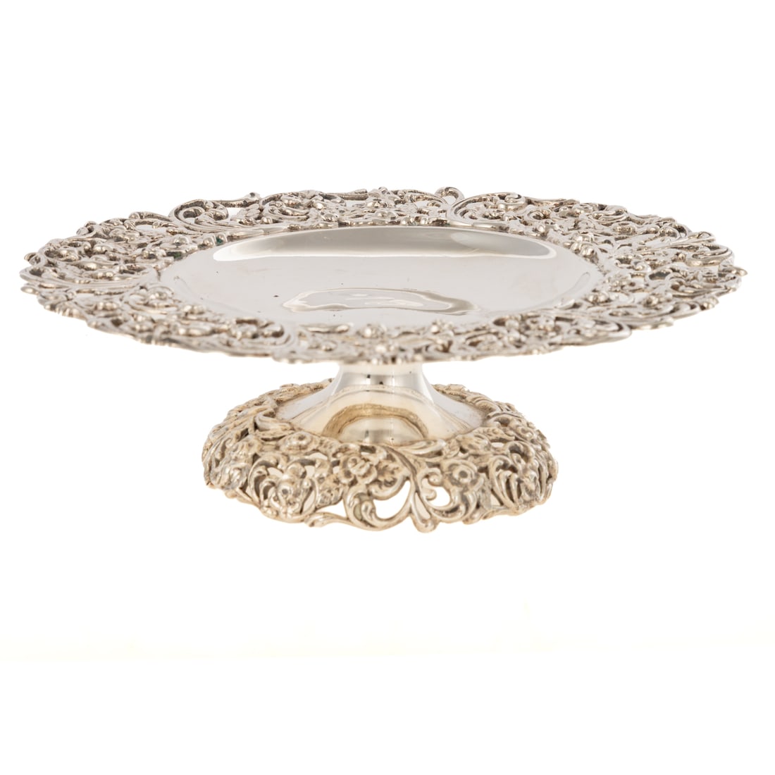 Roger Williams Sterling Compote: Providence, RI, c. 1900-1913, the reticulated domed foot and border of trailing flowers, 2 3/8 in. H, 7 1/4 in. Diam., 13.5 ozt.
