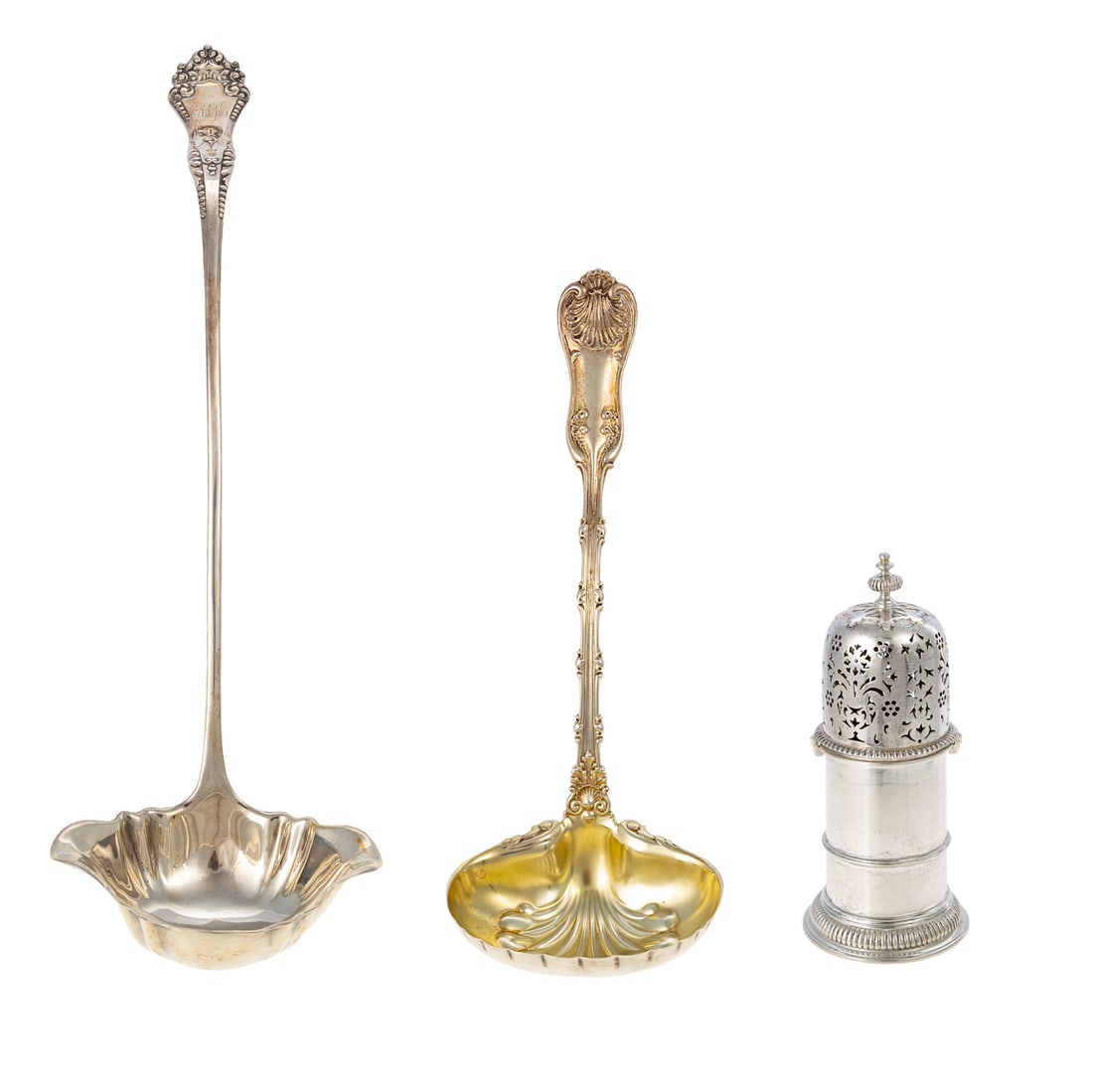 English Sterling Muffineer & Two Sterling Ladles: George V muffineer by Ellis & Co., Birmingham, 1929, 7 3/8 in. H, 9.8 ozt.; Whiting "Imperial Queen" soup ladle, 10 1/4 in. L, 4.1 ozt.; and a Reed & Barton "La Touraine" monogrammed punch ladle, 15