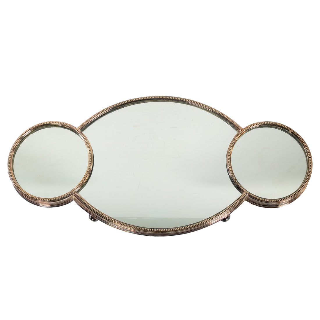 Victorian Silver-Plated Mirrored Plateau: Thomas Latham & Ernest Morton, Birmingham, 1866-1926. Tripartite mirrored plateau, the border decorated with urns and scrolling foliage, beaded rim, raised on four feet, wood back, 2 1/4 in. H, 29