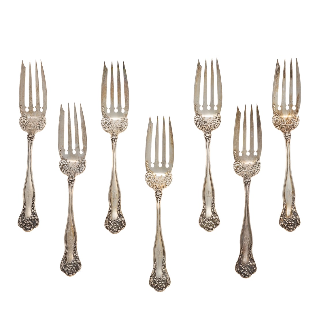 12 International Sterling "Stratford" Salad Forks: With Simpson, Hall, Miller & Co. mark, monogrammed, 6 1/8 in. L, 12.3 ozt.