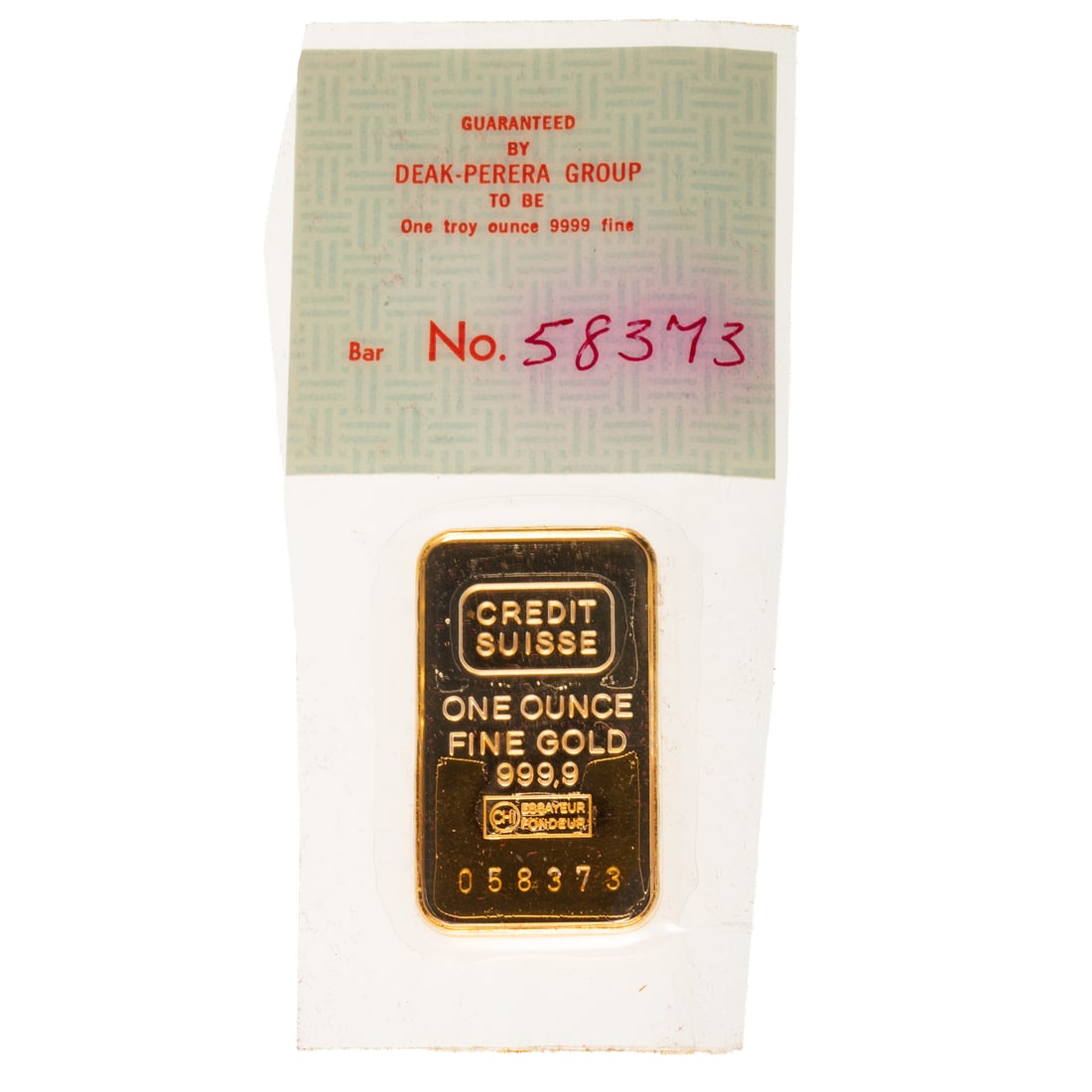 Credit Suisse 1 Oz Gold Bar in Deak-Perara Pack: Deak-Perara was one of the largest gold storefront and foreign exchange dealers in the 70s and 80s in the U.S. This one is dated 8/76 and is a Credit Suisse .999 gold bar with serial number 058373.