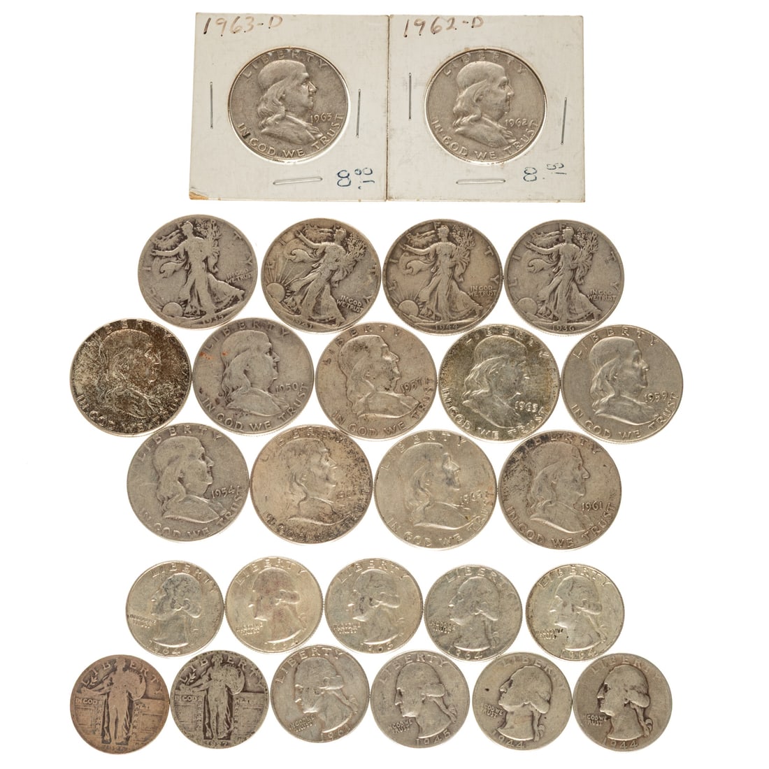 $10.25 Face US 90% Silver Coins: 11 Quarters (2.75) and 15 Halves (7.5), @ 7.33 troy oz silver