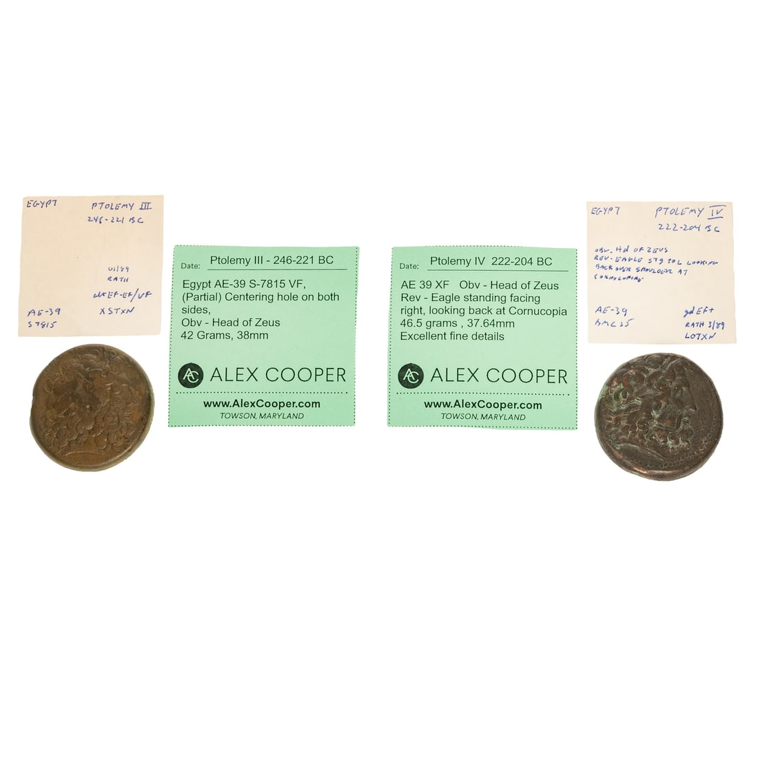 Egypt Ptolemy III & IV AE-39 Bronzes: Egypt Ptolemy III 246-221 BCAE-39 S-7815 VF, (Partial) Centering hole on both sides, Obv - Head of Zeus 42 Grams, 38mm; Ptolemy IV 222-204 BC AE 39 XF Obv - Head of Zeus Rev - Eagle standing facing