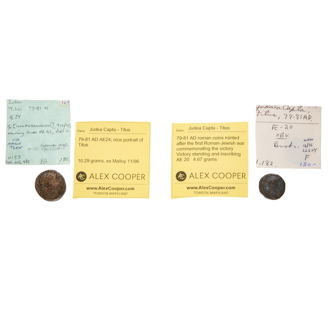 A Pair of Titus Judea Capta Coins 79-81 AD: The Judea Capta coins often had Jew depicted mourning the loss of the second temple and its destruction. 79-81 AD roman coins minted after the first Roman-Jewish war commemorating the victory Victory