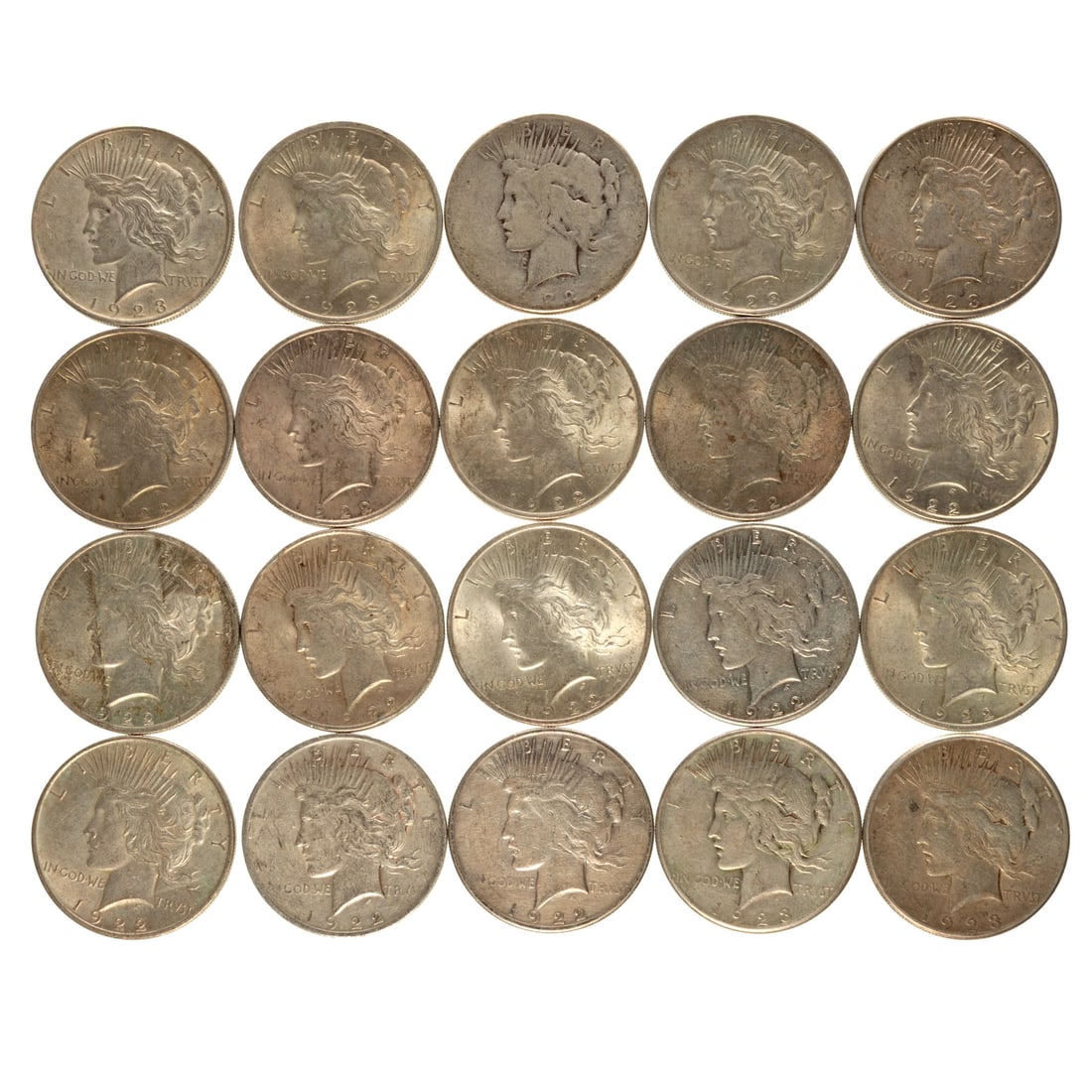 Roll of Circulated Peace Dollars: 1922 2-VF30, 4-XF, 2-XF45, 2-AU, CH AU, 1922-S AG, VF, 1923 2-XF, XF45,1923-S VG/F, F, XF, F cleaned