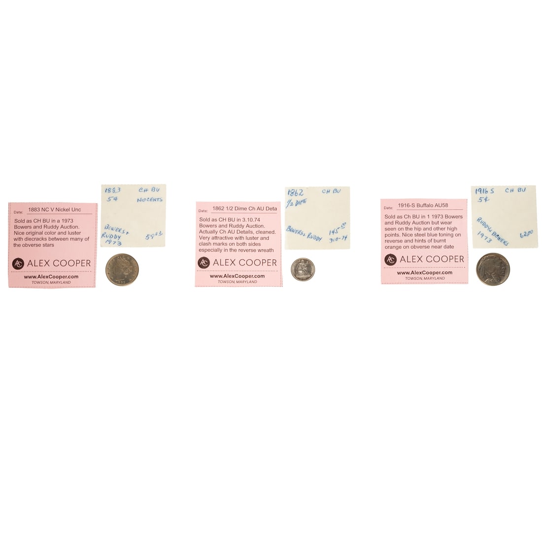 Three Nice Type Coins: 1862 Half Dime Choice AU Details-Cleaned. Very attractive with luster and clash marks on both sides especially in the reverse wreath; 1883 NC V Nickel Unc with luster; 1916-S Buffalo AU58. Wear