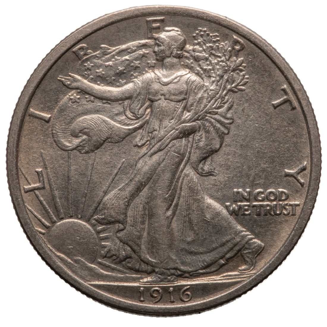 1916 Walking Liberty Half Ch AU Details, Cleaned: Ch AU Cleaned. Sold as Gem BU in 1979 but has Ch AU wear along with having been cleaned. Would look really nice in a Dansco Type album - tough first year of WL Halves