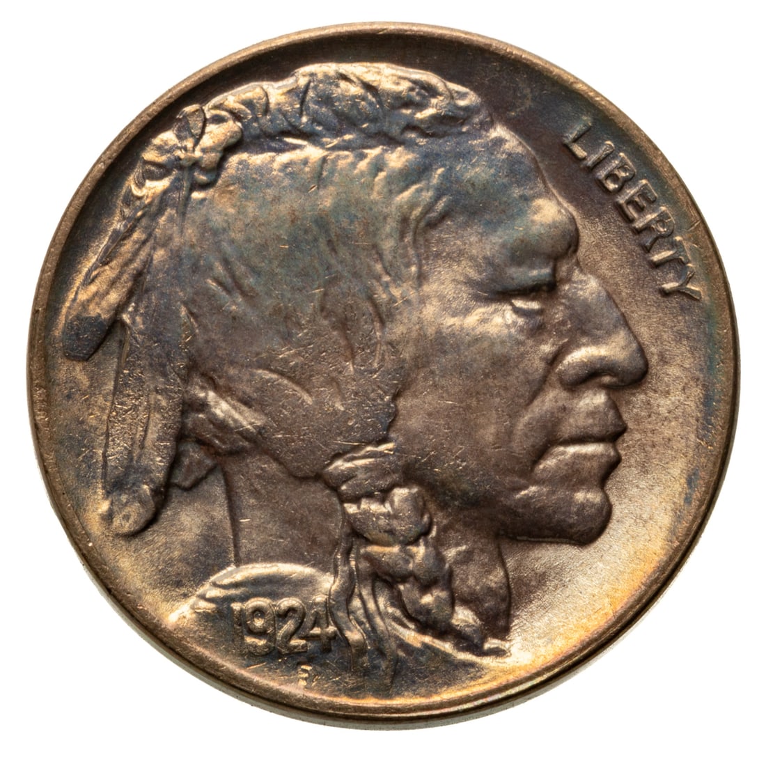 1924-D Buffalo Nickel MS63, Lustrous & Colorful: 1924-D Buffalo MS63 - Attractive coin with beautiful toning and clear fields especially on reverse. Burnt orange on the obverse rim from 6p, running through the date till 9pm. Gorgeous steel blue