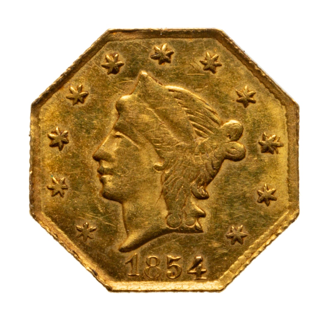 1854 Cal Fractional Gold Octagonal 25c BG-108 VF+ Or Better: Could be graded higher as this was a very weak strike, especially on the reverse. Octagonal 25c 1854. 11 stars with 9th star re-punched, less detail on the reverse leaves per BG-108, Low R-4