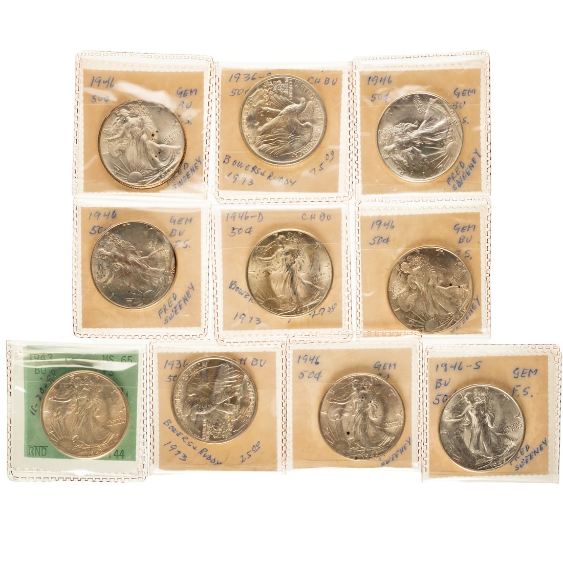 Ten Uncirculated Liberty Walking Halves: 1936 MS61, 1936-S MS63, 1943 MS61, 1946 MS62, 1946 MS61, 1946 MS62, 1946 MS63, 1946-D MS60, 1946-S MS62 Provenance: All of the coins were bought from either Bowers and Merena or Fred Sweeney 1973-1980