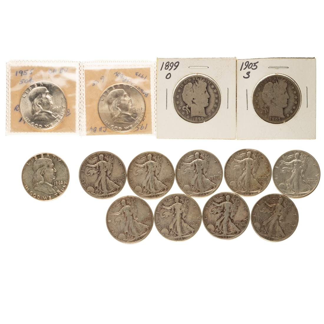 Variety of 14 Silver Half Dollars: Ten Walkers 1941-45 Average circulated, 3 Franklins 1962 Au, 1953-S MS63 (Bowers and Ruddy 1973, 1955 MS62, Bowers and Ruddy 1973, Barber - 1899-O G and 1905-S G