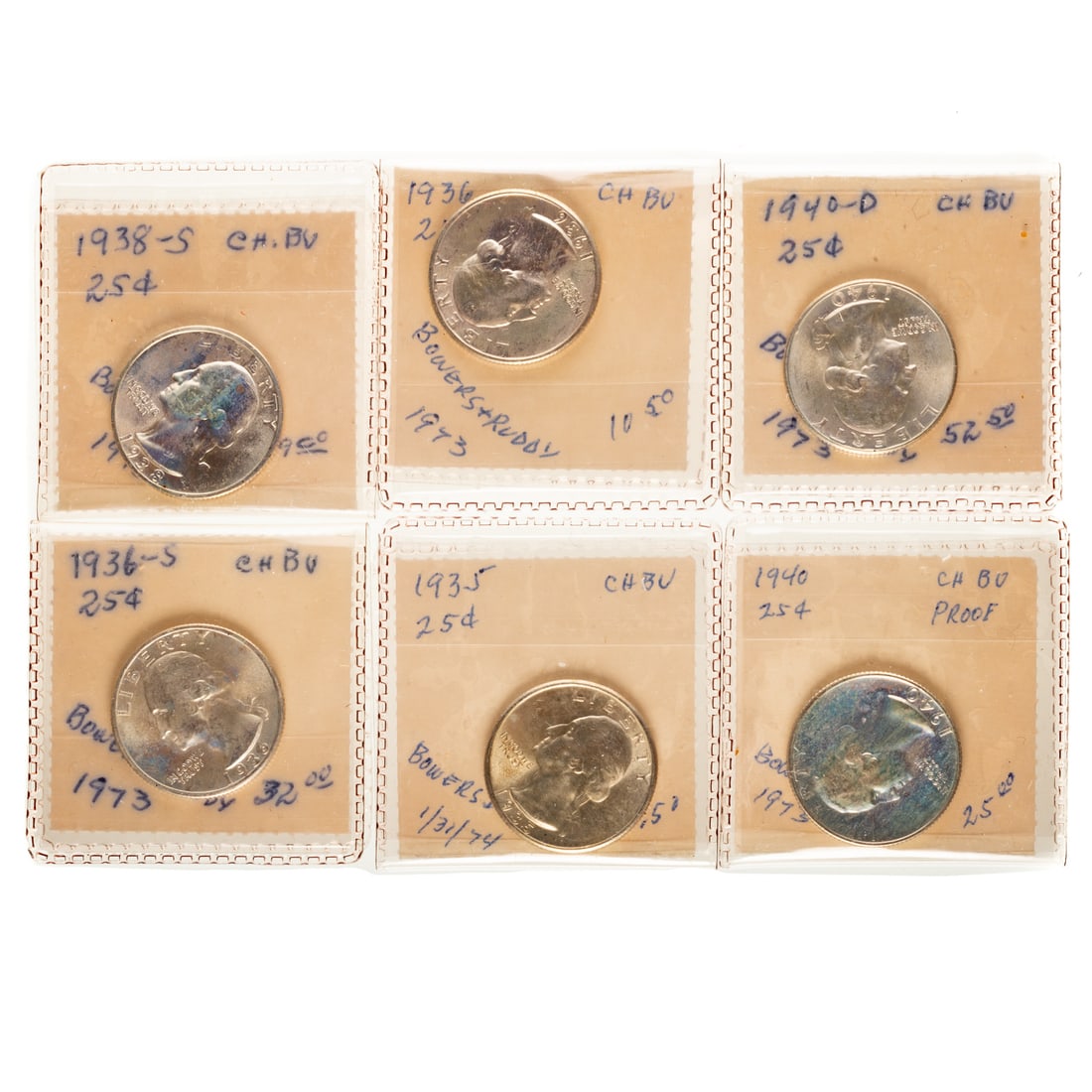 Six Early Washington Quarters (1935-1940): 1935 MS63, 1936 MS62, 1936-S MS62, 1938-S MS63, 1940 Proof 63, 1940-D MS63 Provenance: Purchased in Bowers and Ruddy Auctions 1973