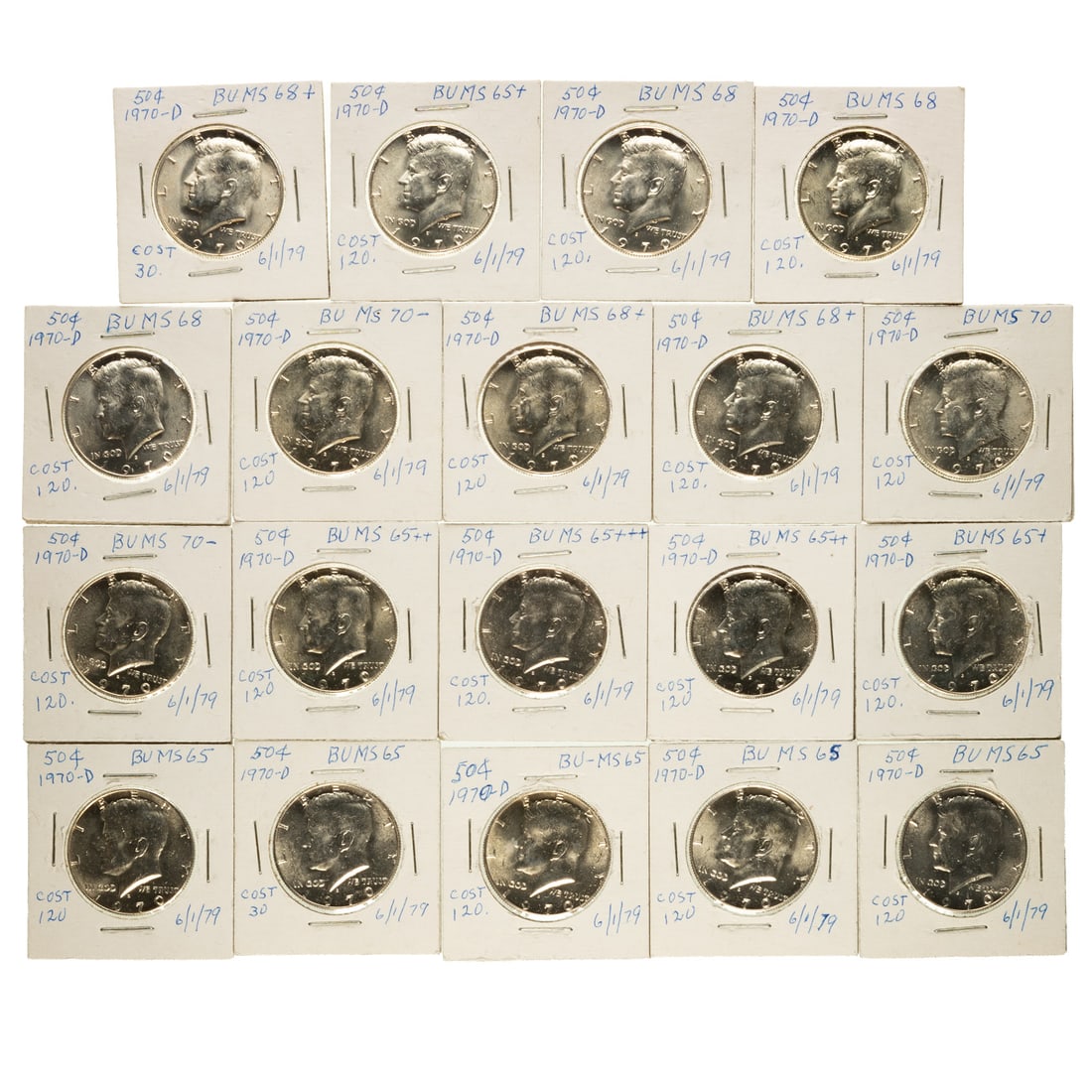 19 Unc 1970-D Kennedy in 1979 2x2's: As written on the 2x2: 5-MS65; 2-MS65+, 2-MS65++; MS65+++; 3-MS68, 3-MS68+, 2-MS70- and one MS70. These were purchased 6/1/1979 and there is no guarantee on the written grades. We'll list them all at