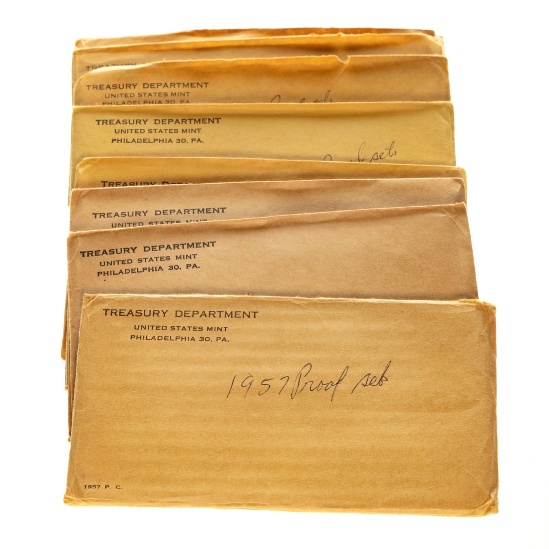 14 Brown Envelope Silver Proof Sets: 1957 (Sealed), (1959 (sealed), 1959 (sealed), 2-1960 (both sealed), 2-1961, 6-1962, 1964