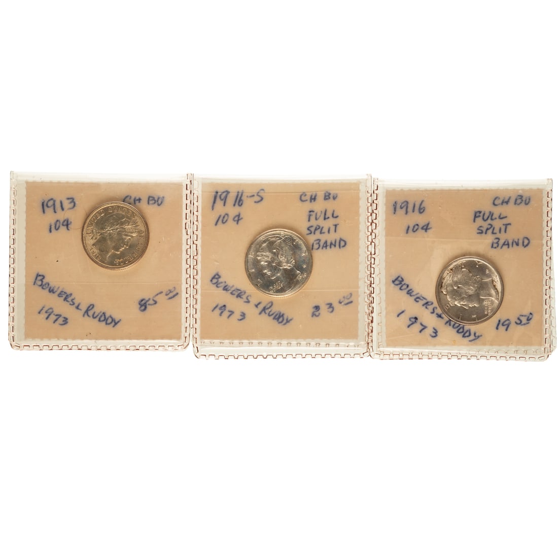 1913 Barber Dime & 1916, 1916-S Mercury All MS64: The two Mercury Dimes:1916 and 1916-S are Full Spilt Bands, 1913 Barber Dime. All kept in internal cellophane type sheets to avoid any PVC damage. Nice luster on all Provenance: All three coins are