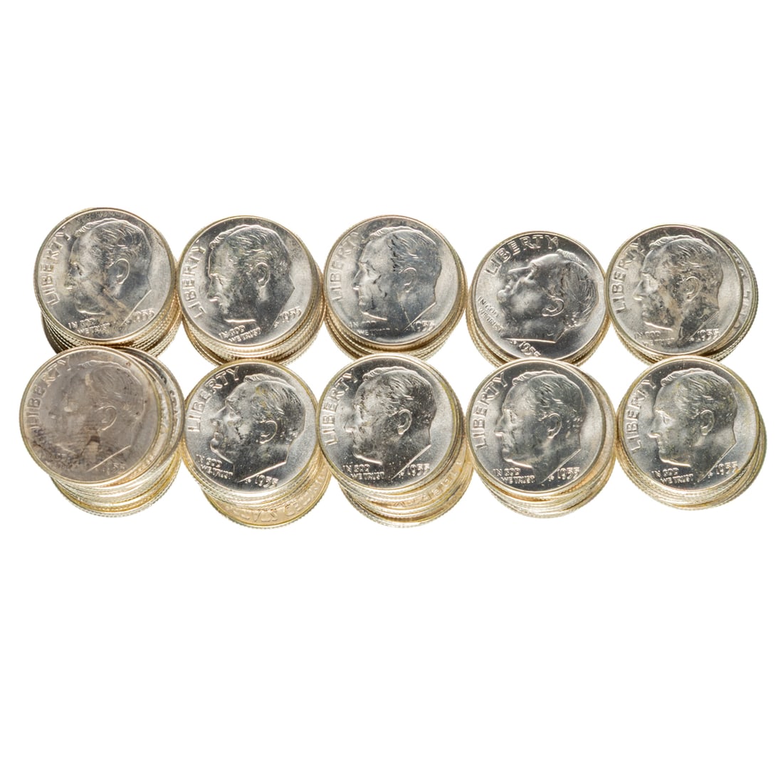 1955 BU Dimes, One Roll & One Roll of 44: 94 total BU 1955 dime originally wrapped in aluminum foil. Currently greysheets at $246.50 and priced at 94%