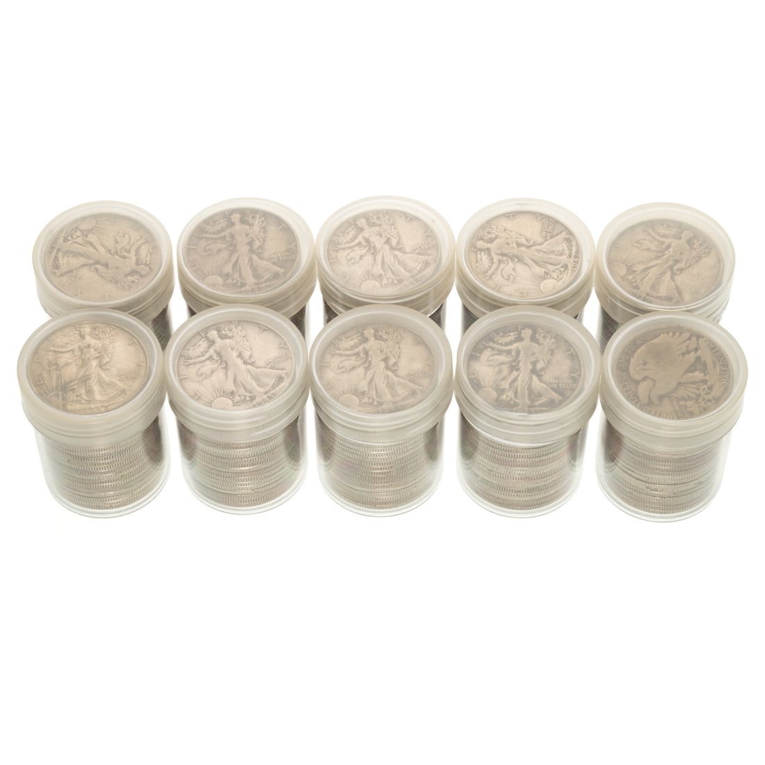 Ten Rolls Walking Liberty Halves, $100 Face: Seven rolls from 1940s and three from 1930s. Very Nice AU in on of the 40s rolls. Better than the average "junk" silver lot
