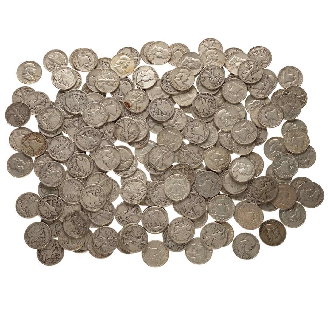 200 Silver Halves: 100 Walkers & 100 Franklins: $100 face from coins taken from circulation and stored in a safe deposit box for 60-70 years