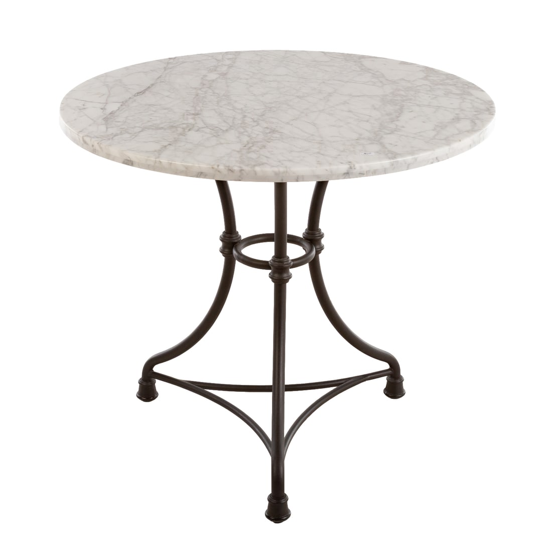 Crate & Barrel Marble & Metal Bistro Table: Round variegated Carrara marble top resting on a painted metal tripod base, 30 1/4 in. H, 34 in. Diam.