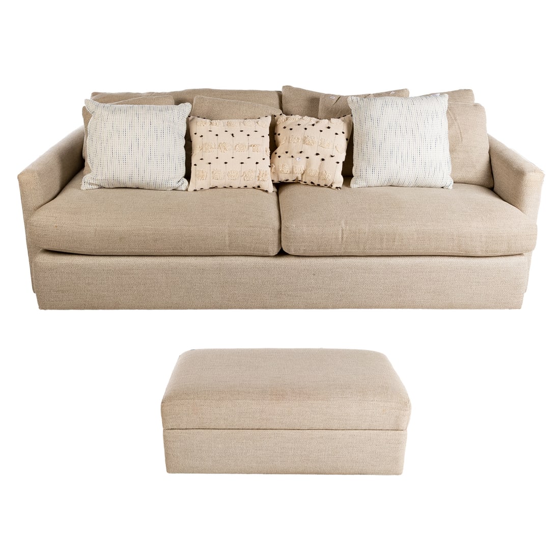 Crate & Barrel Upholstered Sofa & Ottoman: Fully upholstered two cushion sofa, 35 in. H, 90 in. W, 46 in. D; together with a matching rectangular ottoman, 17 in. H, 44 in. W, 26 in. D