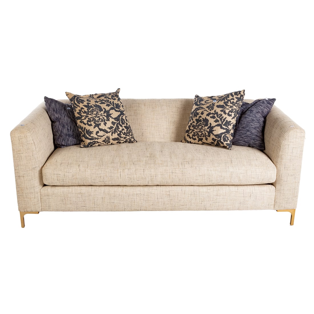 Crate & Barrel Contemporary Claire Petit Loveseat: Fully upholstered frame with loose single cushion resting on brass legs, 28 in. H, 74 in. W, 35 in. D
