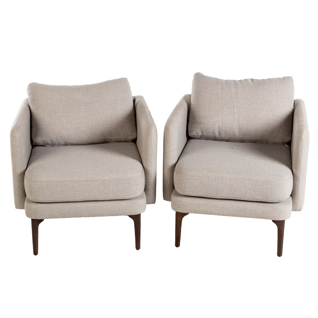 A Pair of West Elm "Auburn" Upholstered Armchairs: A pair of fully upholstered armchairs resting on turned legs, each: 32 in. H, 28 1/2 in. W, 29 1/2 in. D