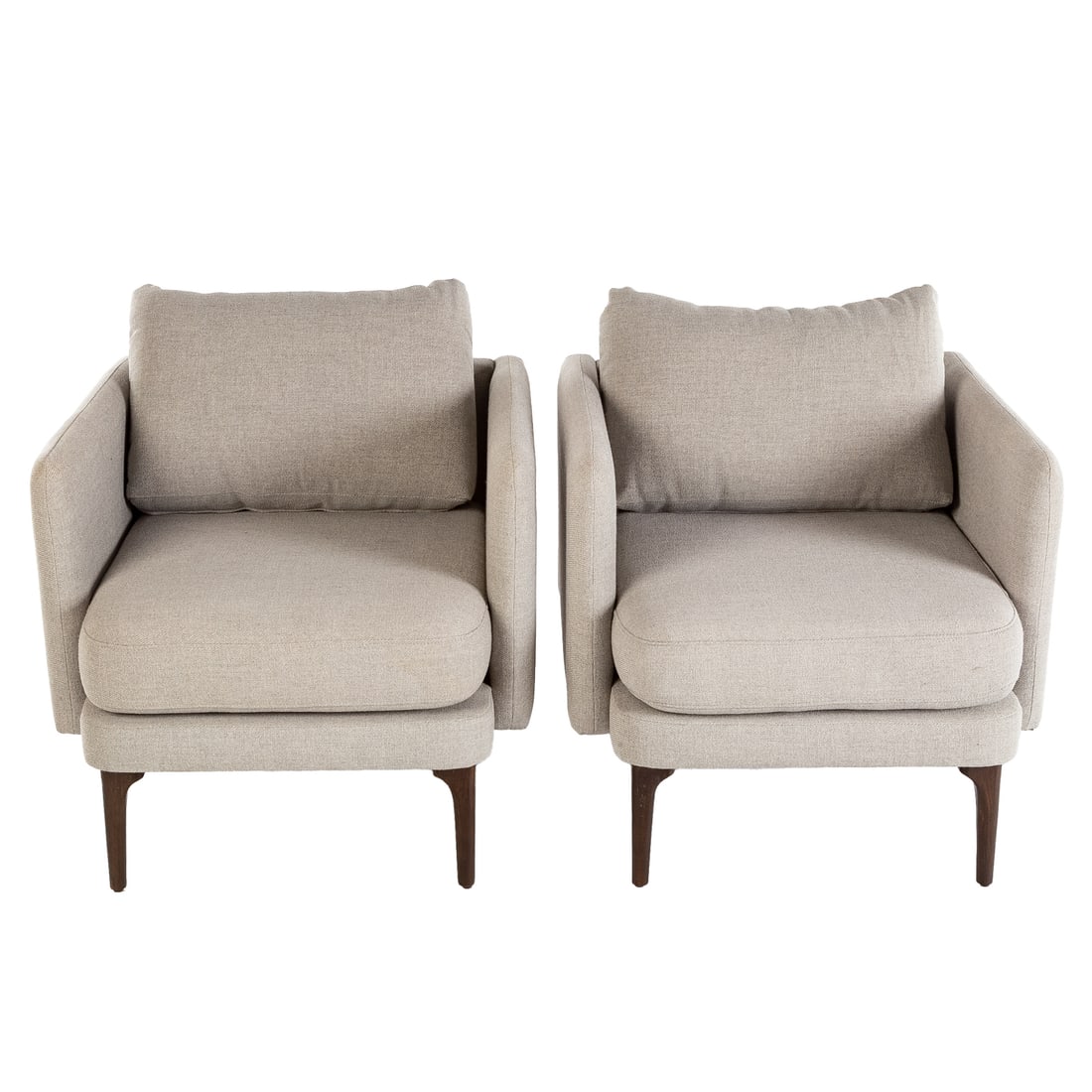 A Pair of West Elm "Auburn" Upholstered Armchairs: A pair of fully upholstered armchairs resting on turned legs, each: 32 in. H, 28 1/2 in. W, 29 1/2 in. D