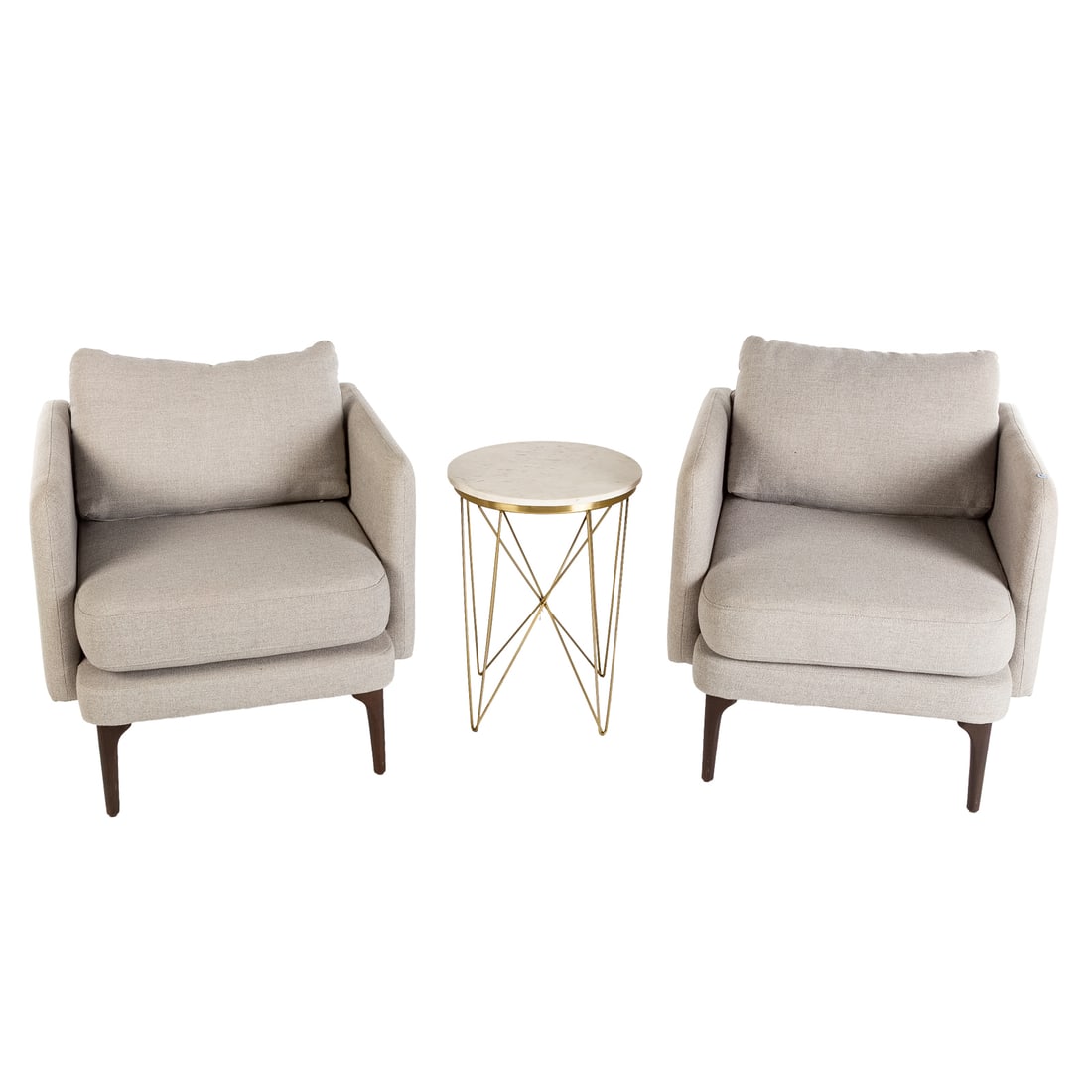 A Pair of West Elm Auburn Armchairs & a Side Table: A pair of fully upholstered armchairs resting on turned legs, each: 32 in. H, 28 1/2 in. W, 29 1/2 in. D; together with a Project 62 side table with circular marble top and gilt metal spider base, 22