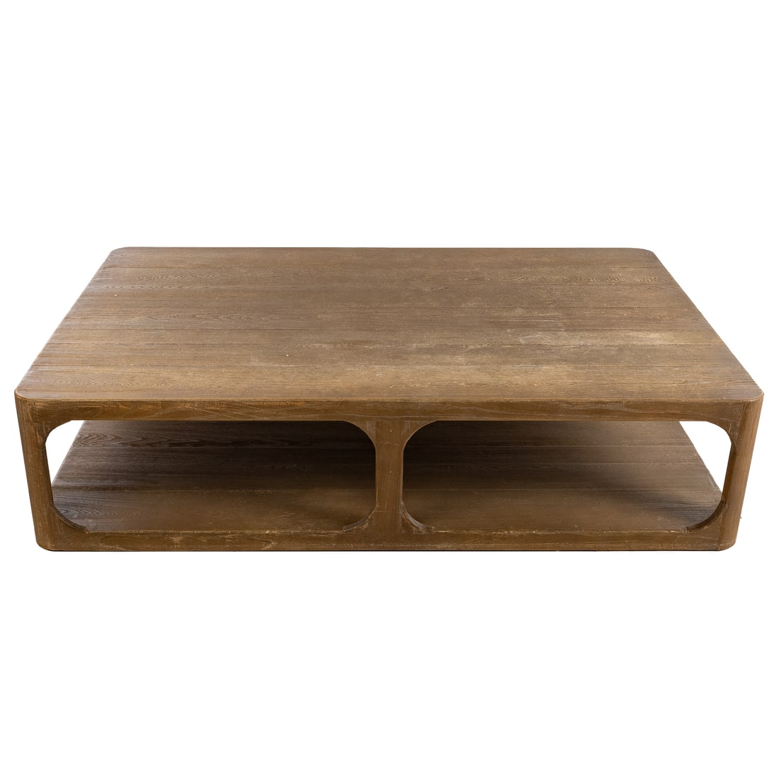 Restoration Hardware "Martens" Coffee Table: Rustic whitewashed oak plank construction, flush to floor base, 16 in. H, 66 3/4 in. W, 43 1/2 in. D