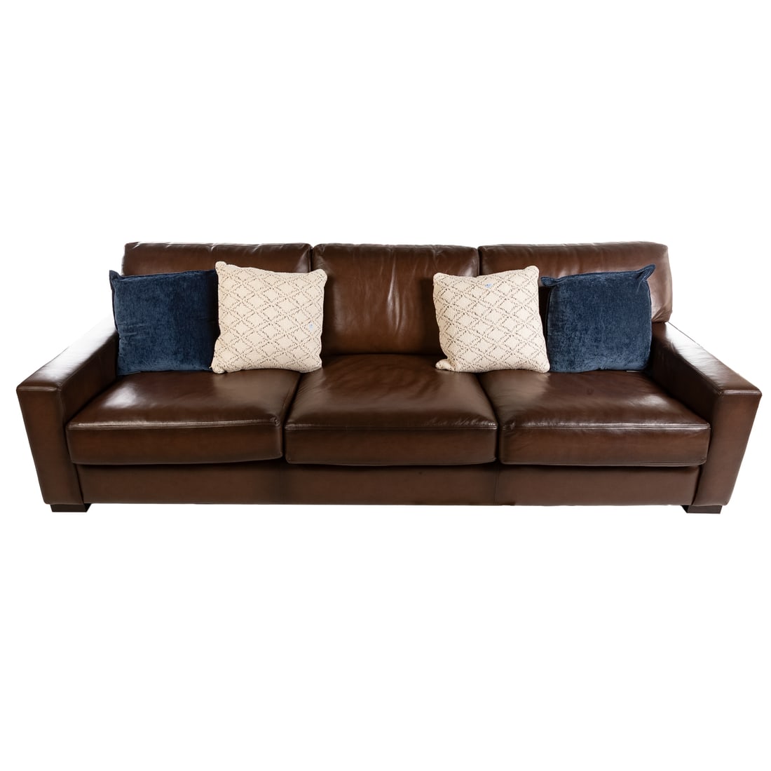 Pottery Barn Leather Contemporary Sofa: Roomy three-cushion sofa with full leather upholstery, resting on painted block legs, 34 in. H, 104 in. W, 42 in. D
