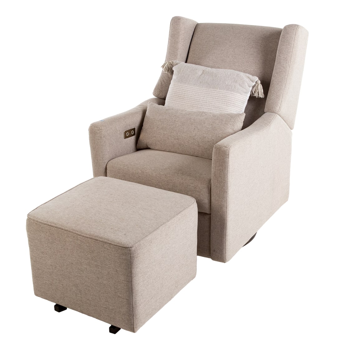 Contemporary Power Recliner & Ottoman: Fully upholstered swivel rocker, 42 in. H, 28 1/2 in. W, 34 in. D; together with a matching rocking ottoman, 17 in. H, 22 in. W, 19 1/2 in. D
